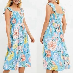 Loft Blue Floral Smocked Summer Midi Dress Resort Wedding Formal Tiered Boho Mod